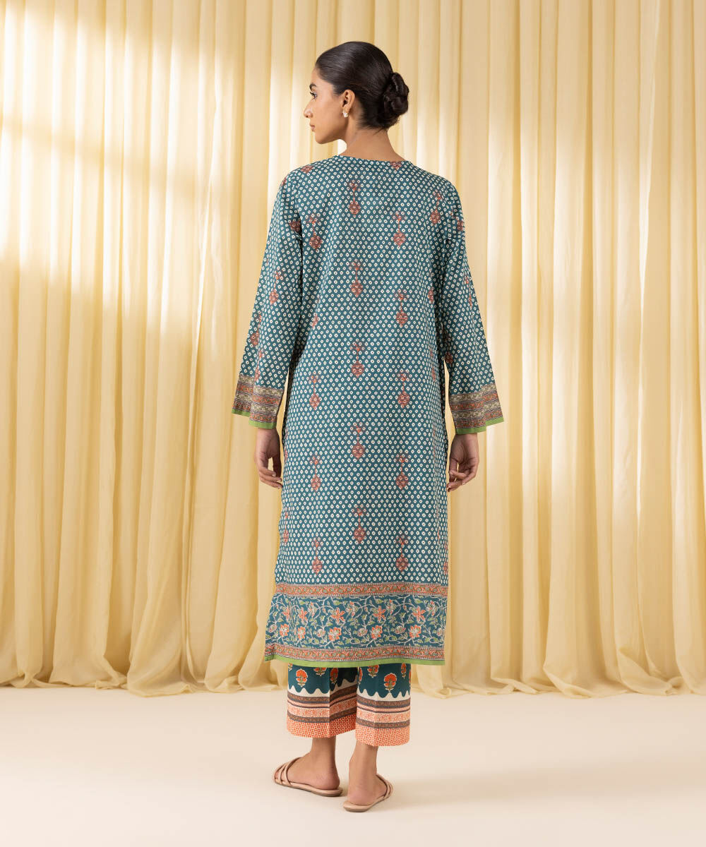 Women's Pret Yarn Dyed Blue Printed A-Line Shirt