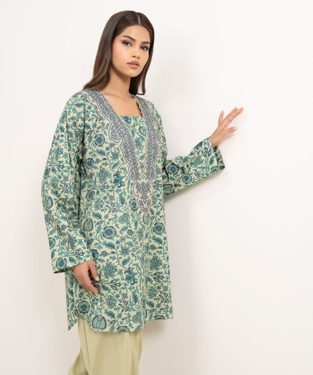 Women's RTW Cotton Viscose Embroidered Green Straight Shirt