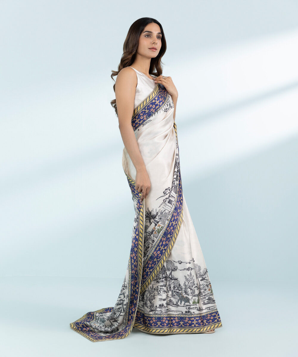 Women's Embroidered Blended Satin Off White Saree
