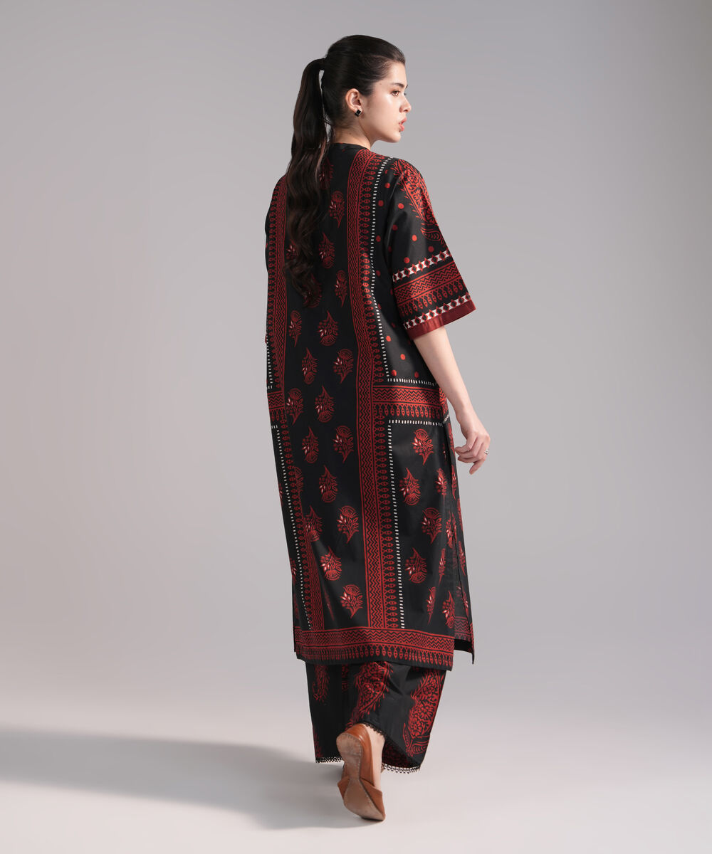 Women's RTW Slub Lawn Printed Black A-Line Shirt