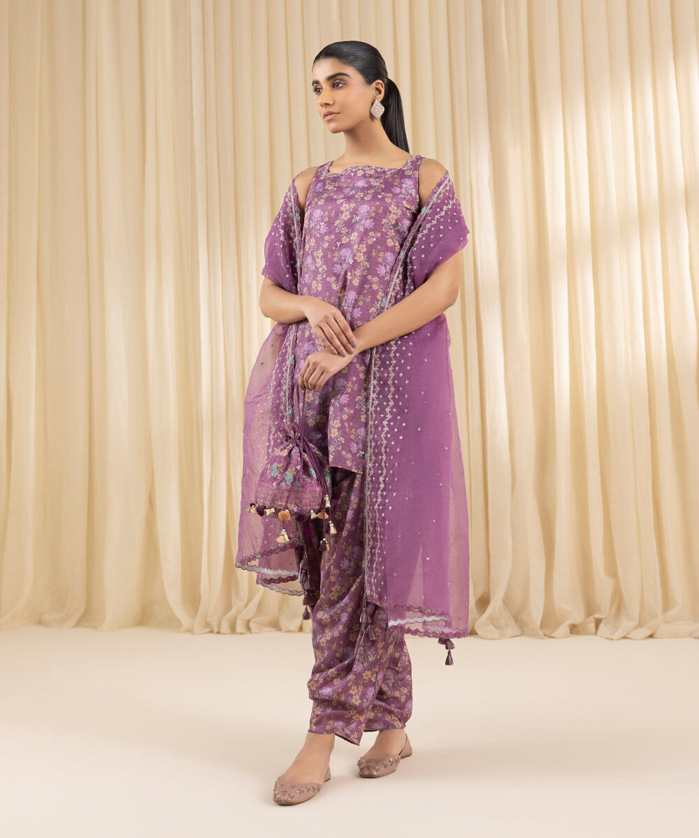 Unstitched Women's Embroidered Blended Grip Silk Purple Three Piece Suit