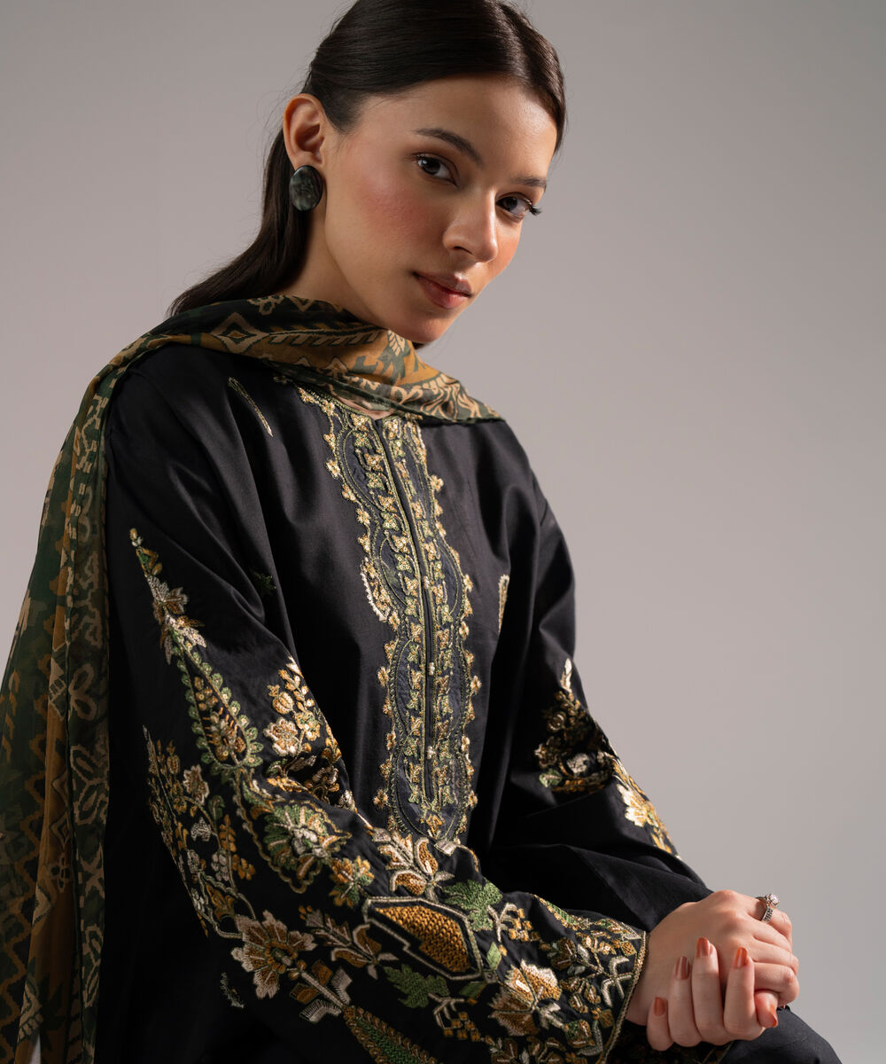 Women's RTW Lawn Embroidered Black 3 Piece Suit