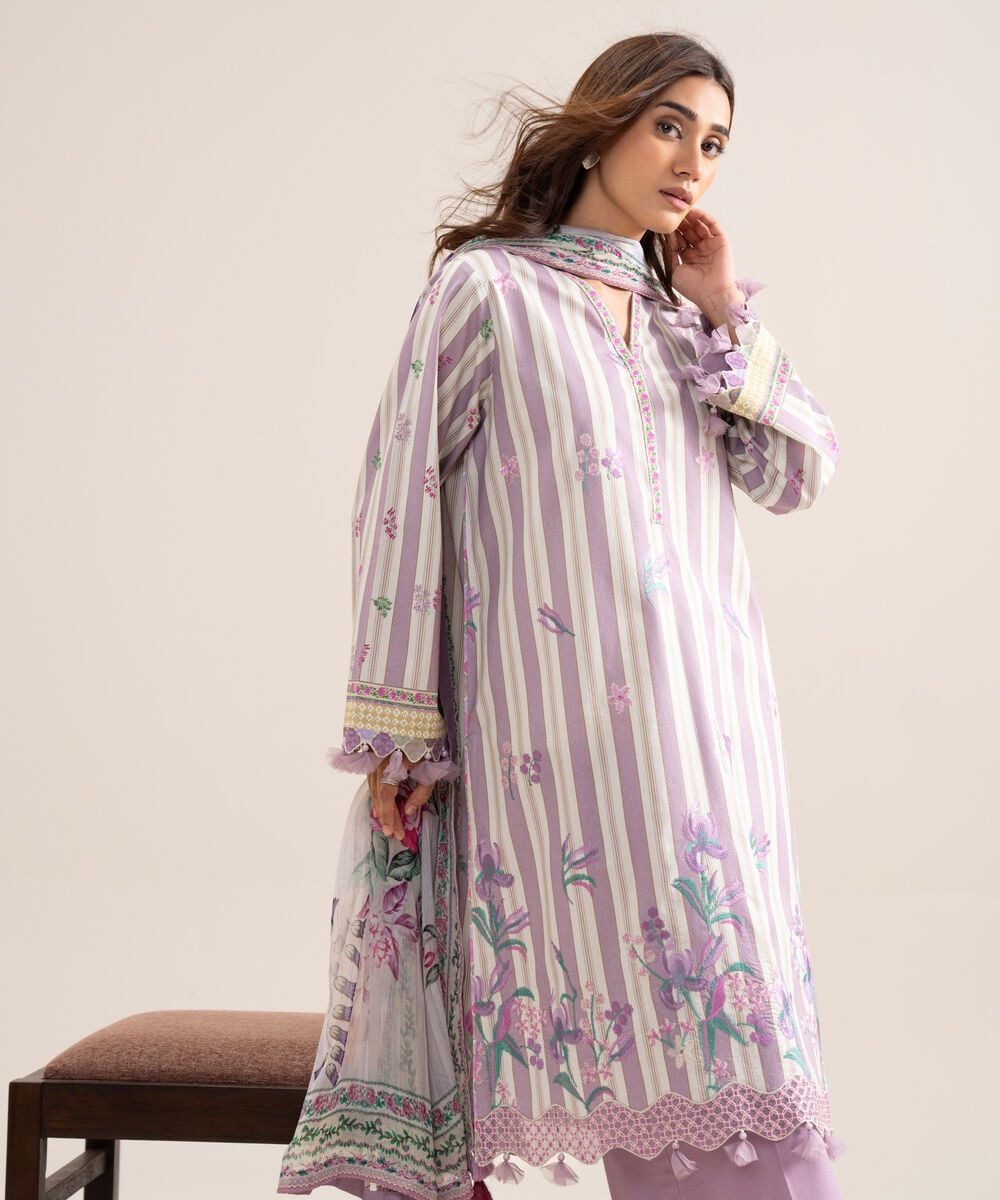 Women's Unstitched Lawn Embroidered Off White & Lilac  3 Piece Suit