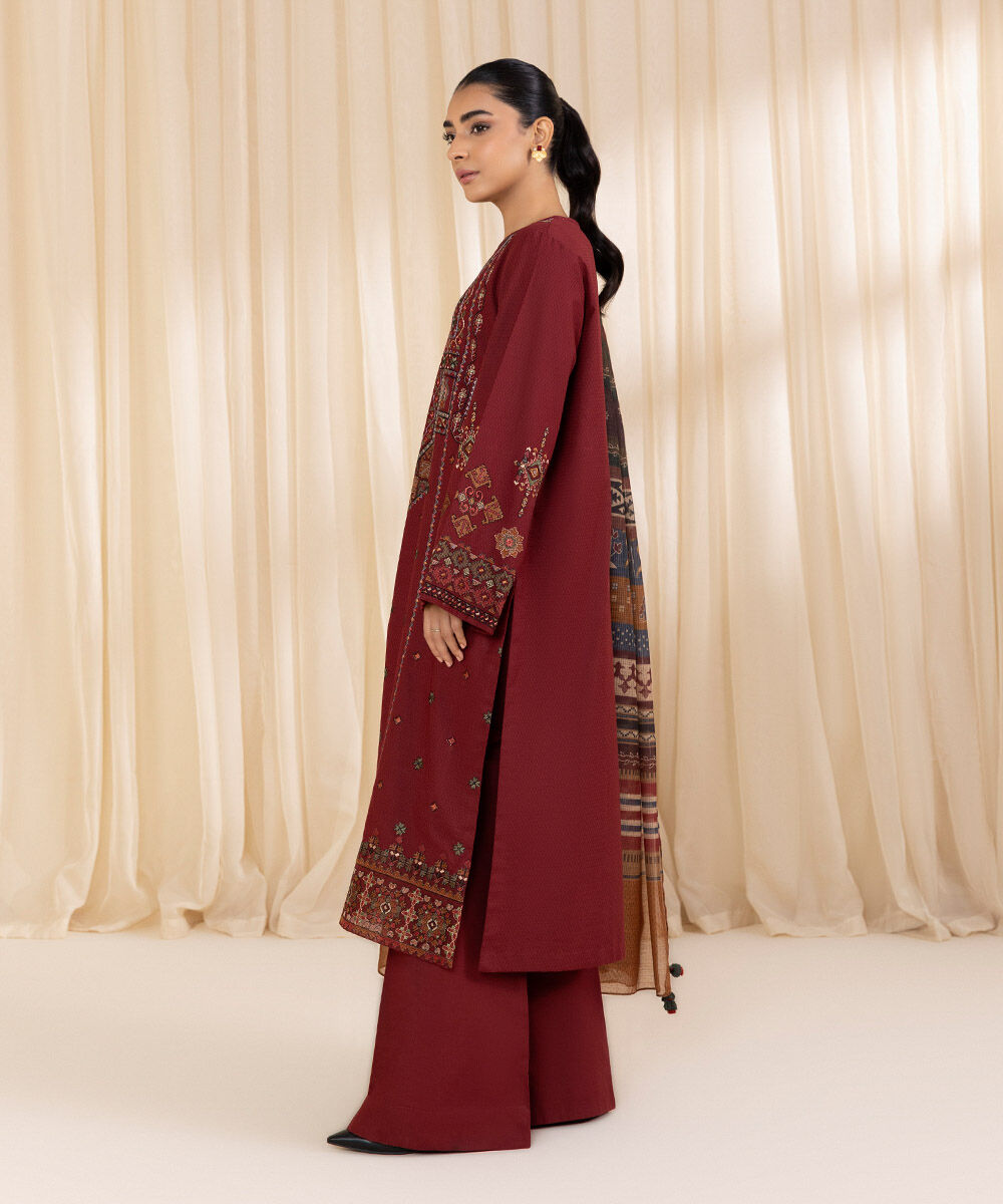 Women's Unstitched Raw Silk  Embroidered Maroon  3 Piece Suit