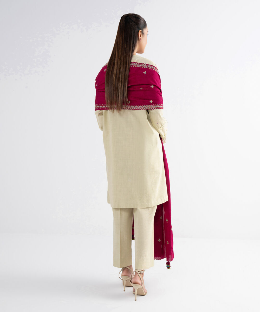 Women's Unstitched Cross Hatch Embroidered Off White 3 Piece Suit