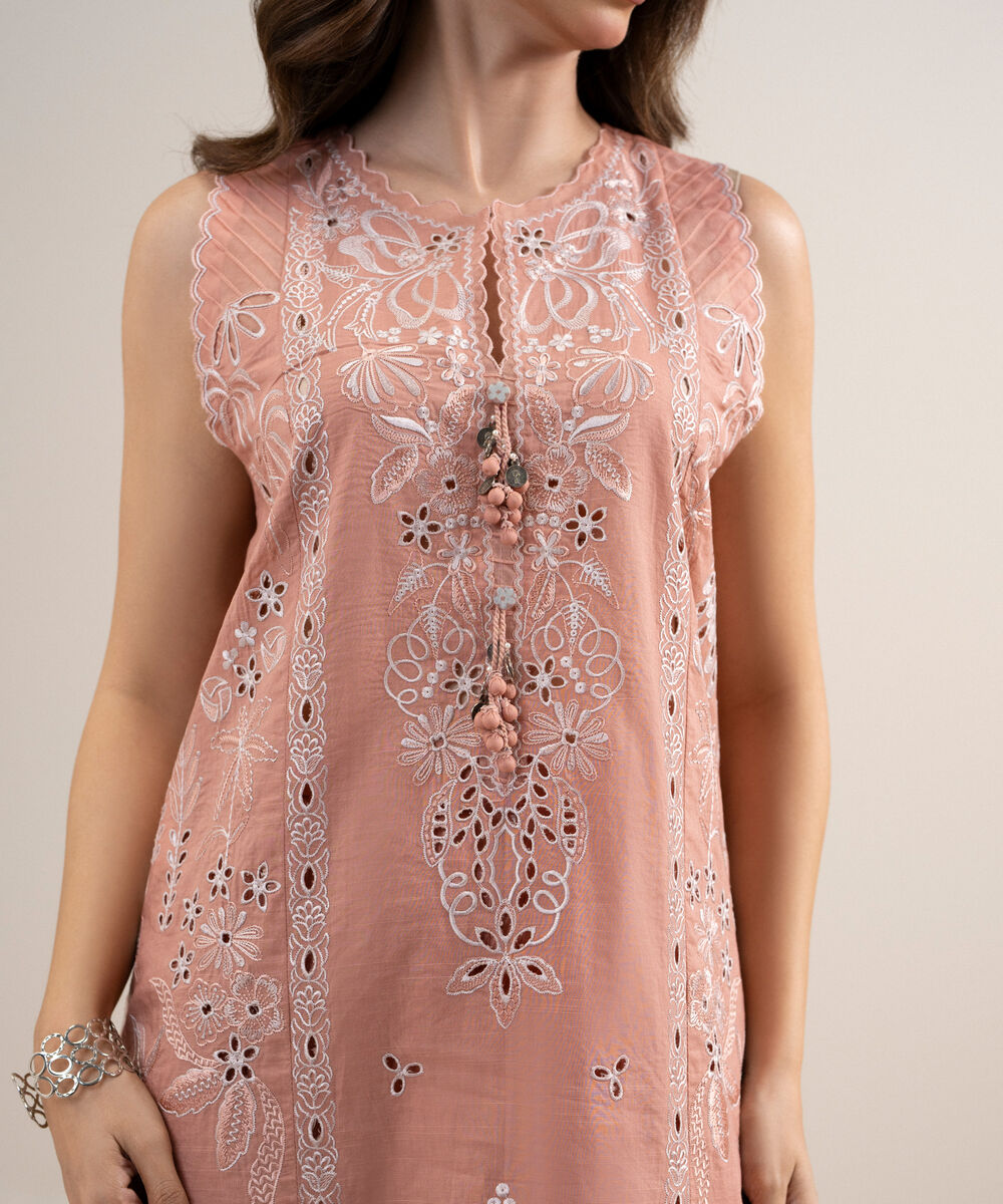 Women's Unstitched Textured Lawn Embroidered Pink 3 Piece Suit