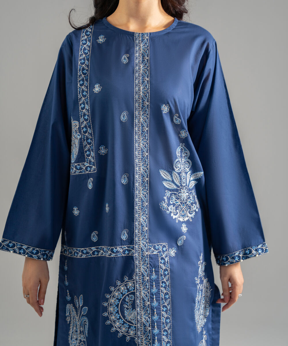 Women's RTW Lawn Solid Embroidered Dark Blue Straight Shirt
