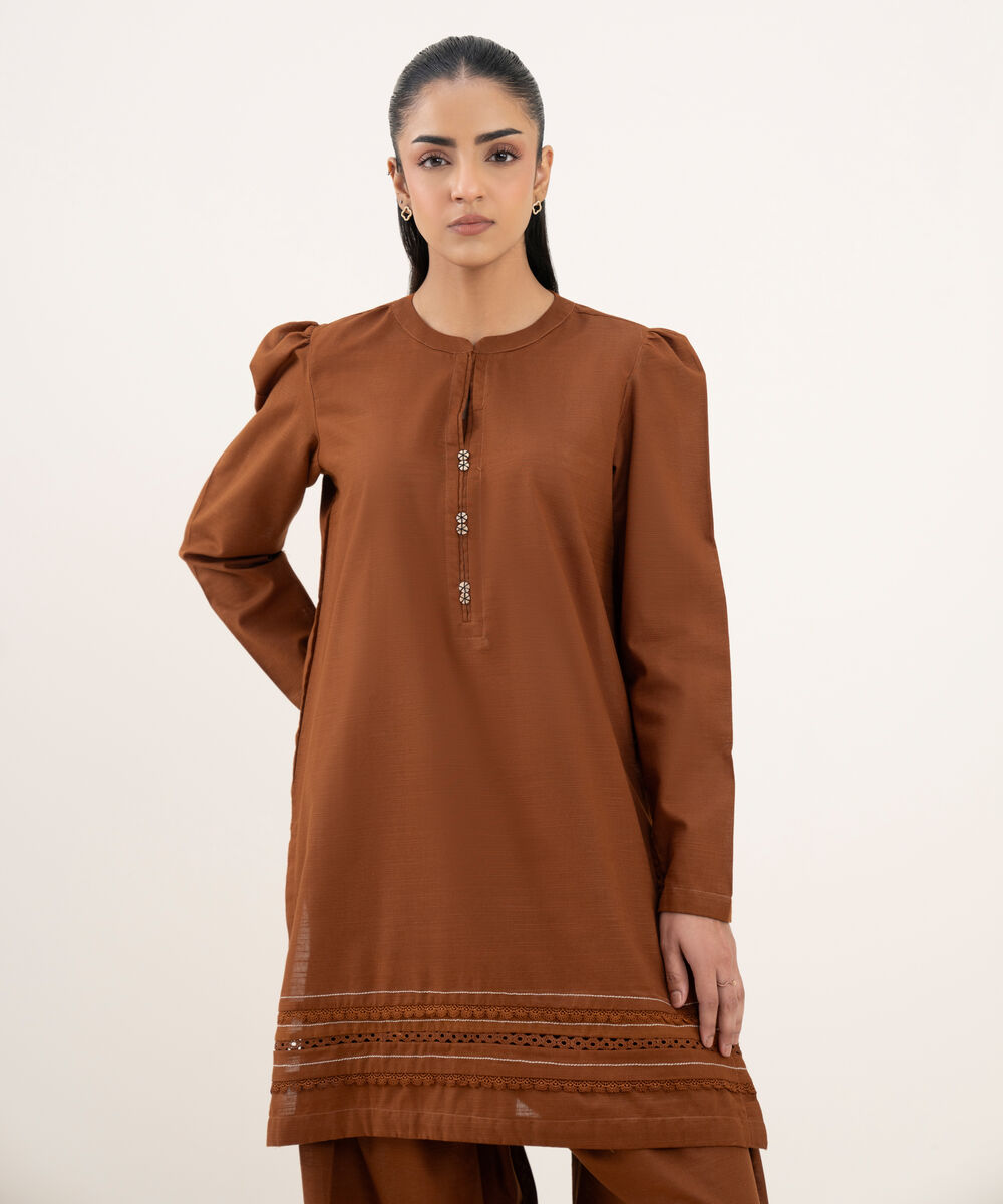Women's RTW Light Khaddar Solid Straight Rust Shirt