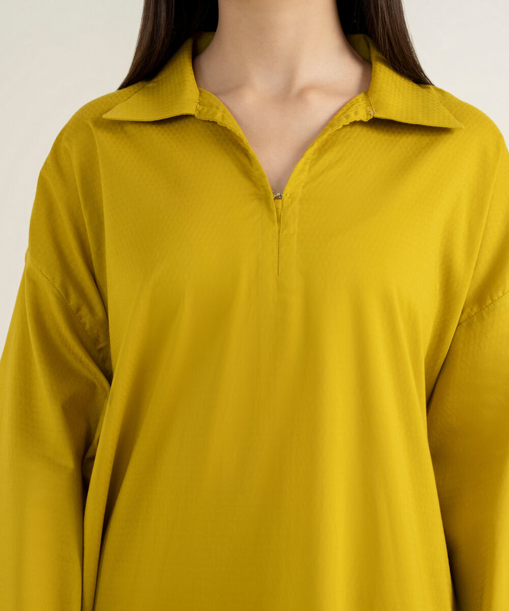 Women's RTW Textured Lawn Yellow Solid Drop Shoulder Shirt