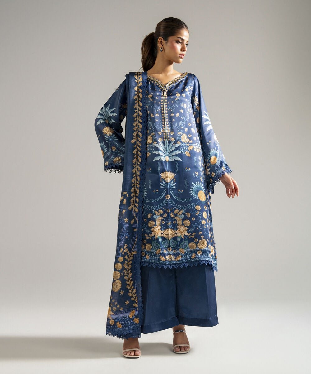 Women's RTW Blended Satin Printed Blue 3 Piece Suit
