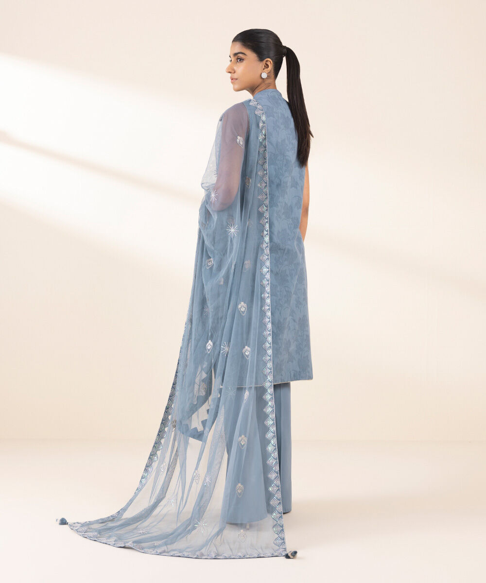 Women's Unstitched Blue Cotton Jacquard, Cotton, Jacquard 3 Piece Suit