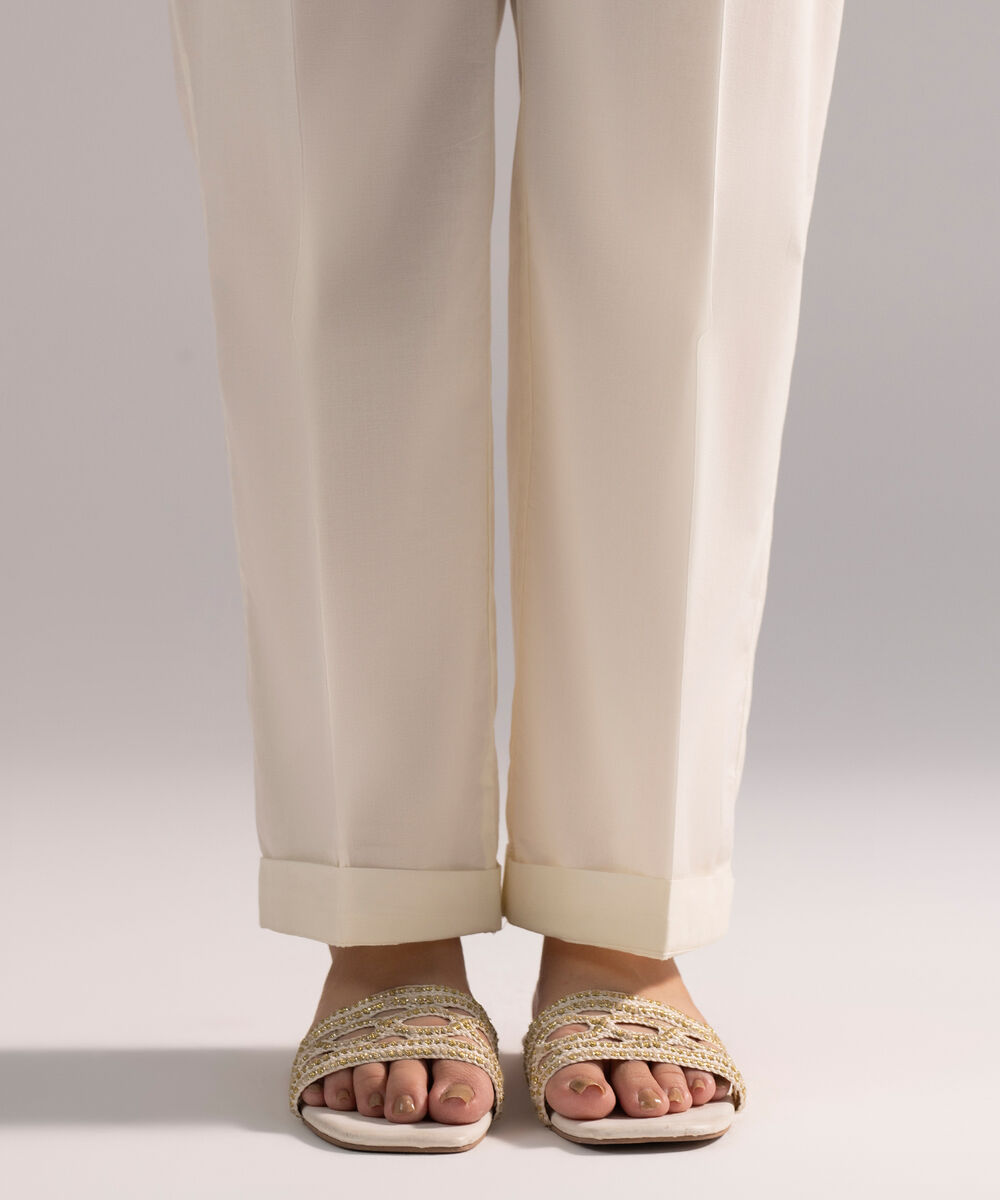 Women's RTW Cambric Solid Off White Straight Pants