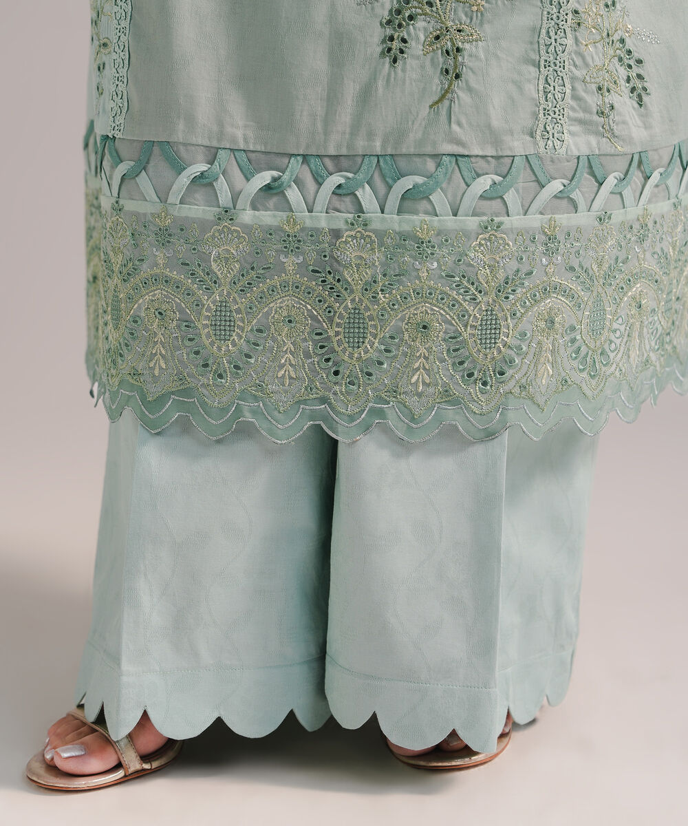 Women's RTW Self Jacquard Embroidered Seafoam Green 3 Piece Suit