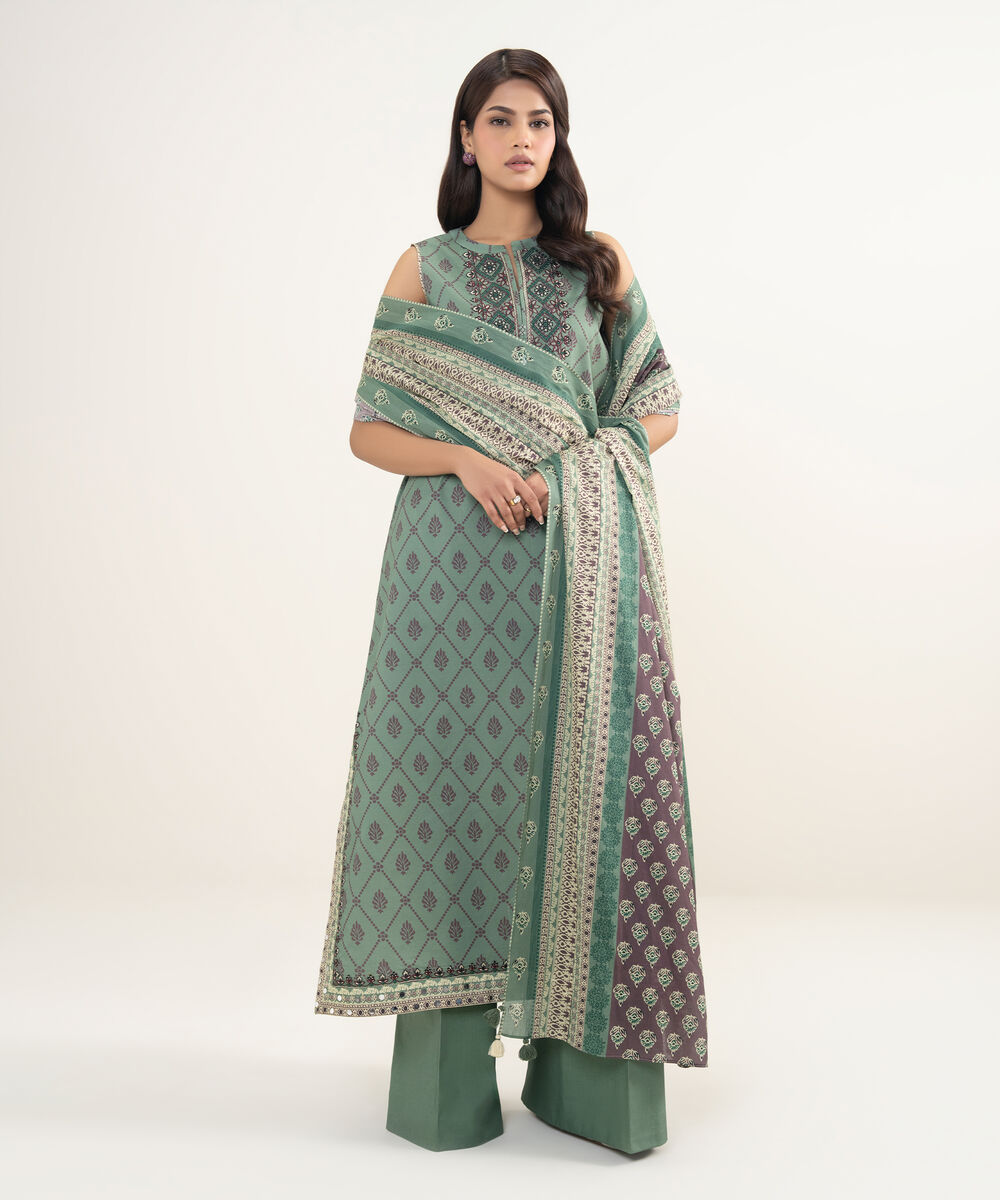 Women's Unstitched Lawn Embroidered Green 3 Piece Suit