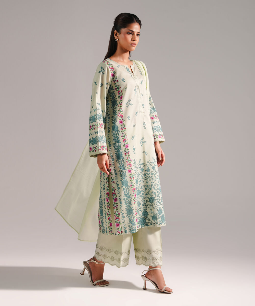 Women's RTW Dobby Printed Green 3 Piece Suit