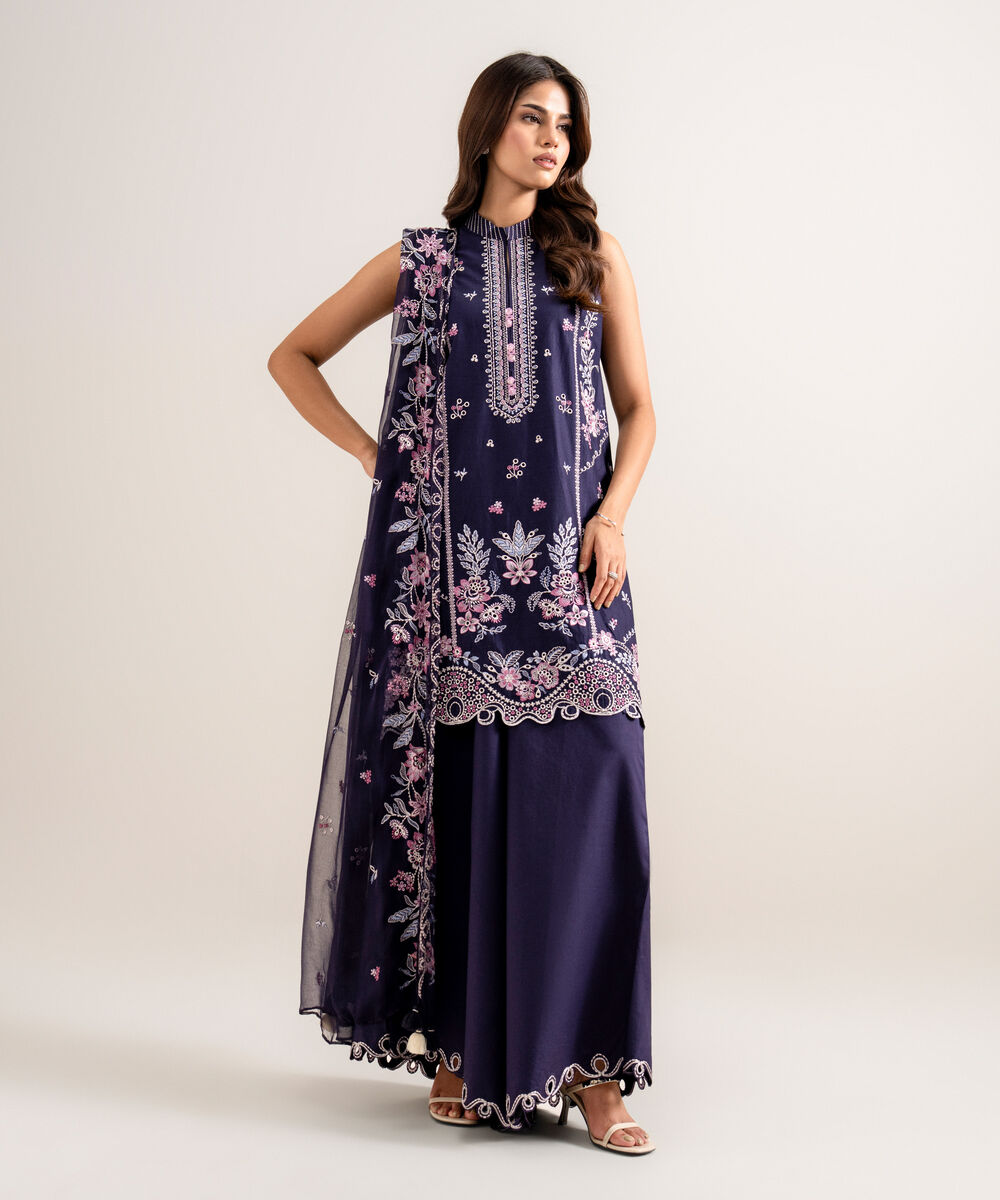 Women's Unstitched Embroidered Cotton Viscose Purple 3 Piece Suit