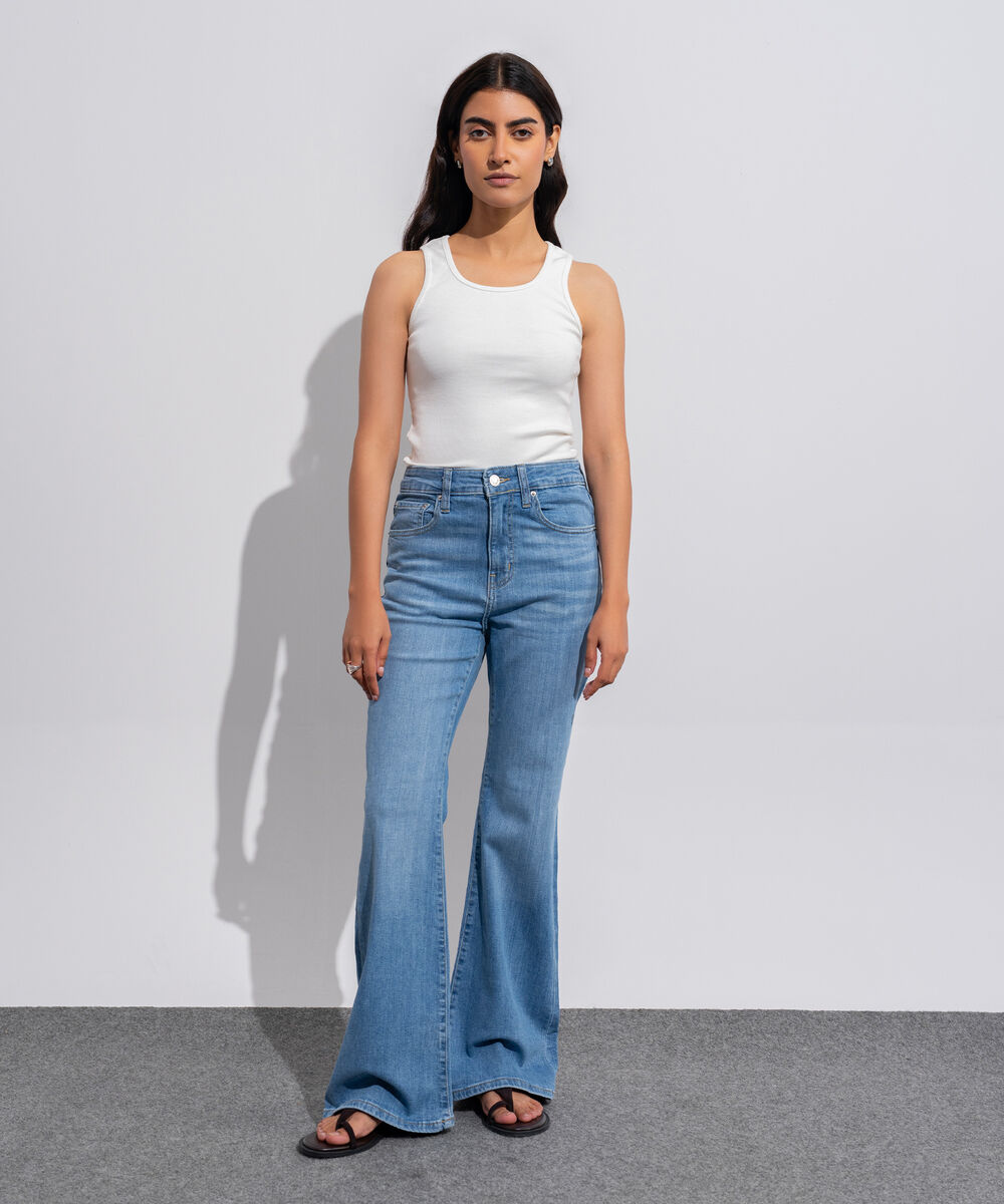 Women's Western Wear Denim Flared Fit Indigo Blue - Light Worn Jeans