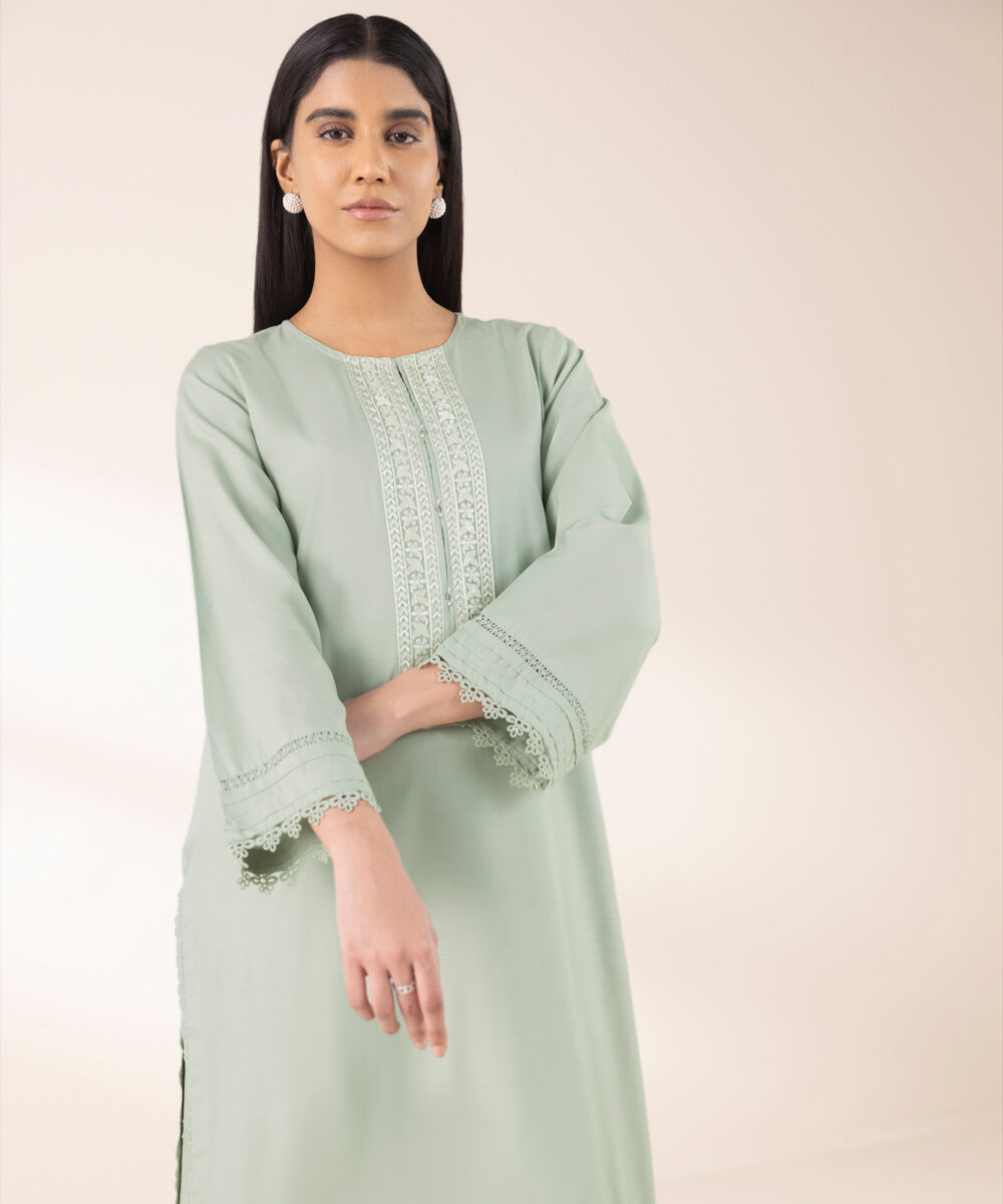 Women's RTW Lawn Green Embroidered A-Line Shirt