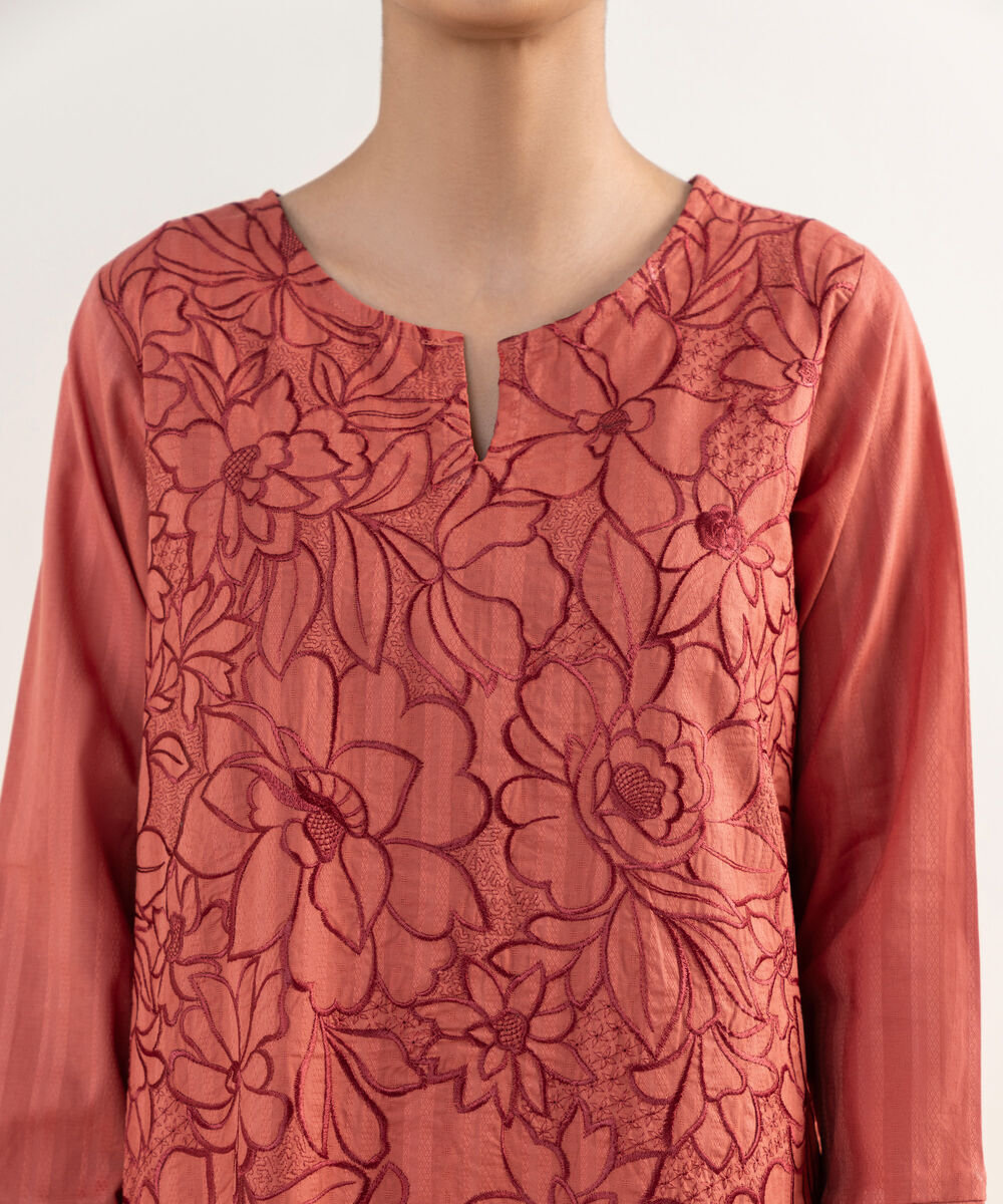 Women's RTW Textured Lawn Coral Embroidered A-Line Shirt
