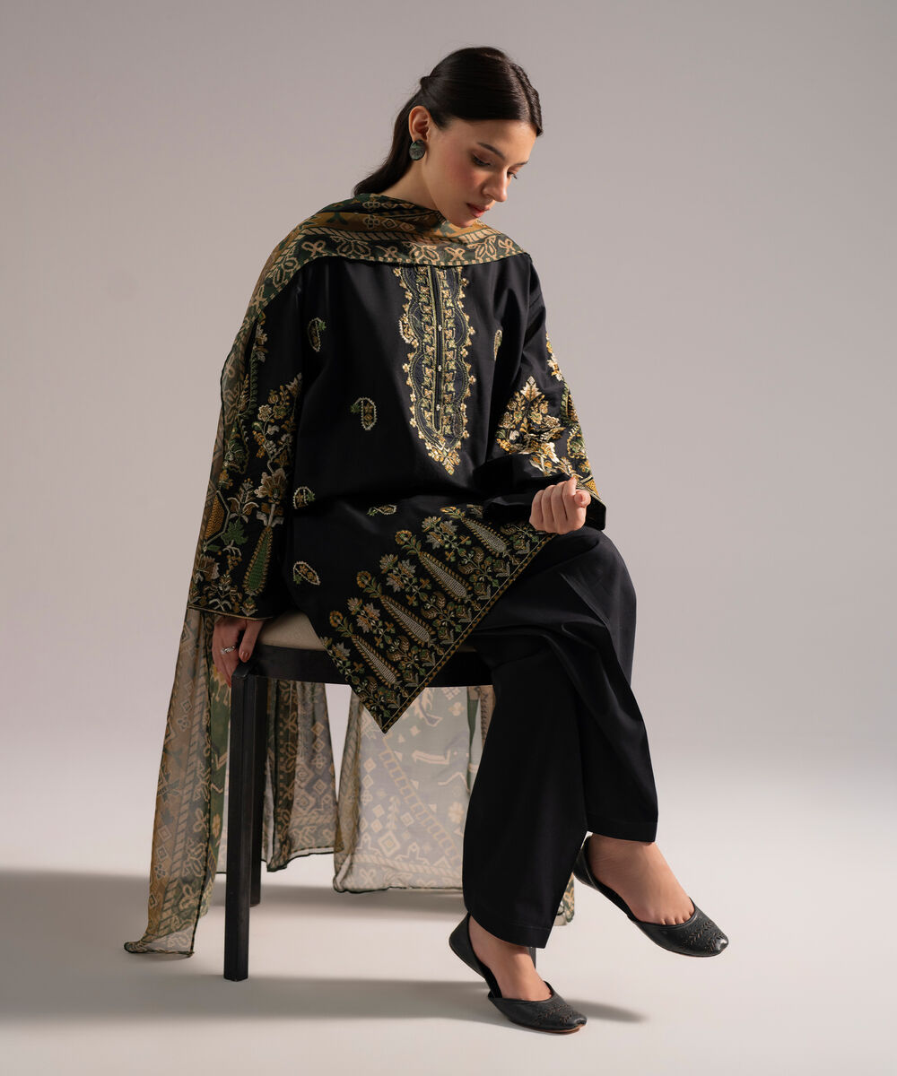 Women's RTW Lawn Embroidered Black 3 Piece Suit