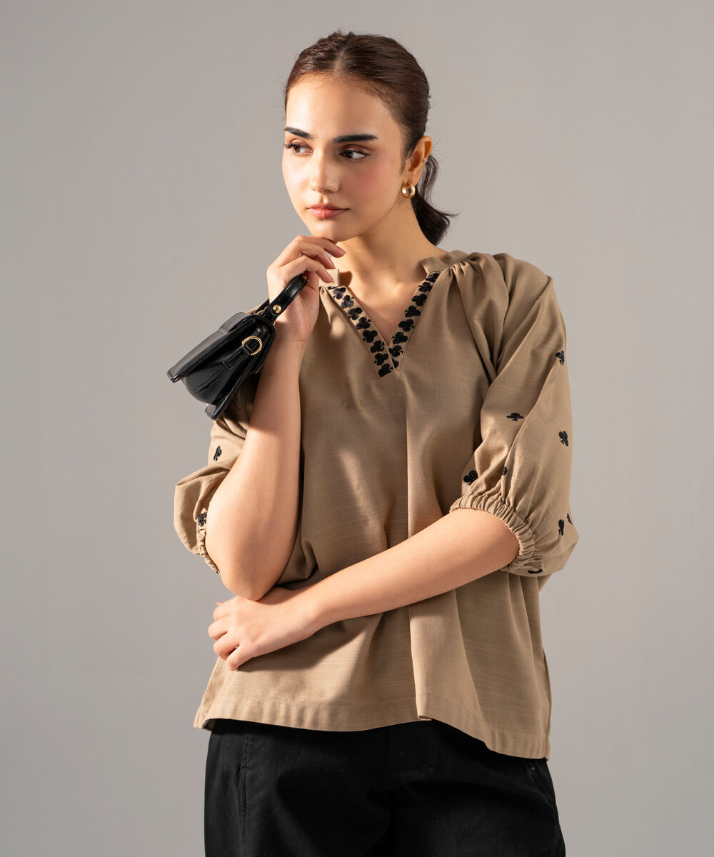 Women's RTW Khaddar Solid Embroidered Dark Beige Drop Shoulder Shirt