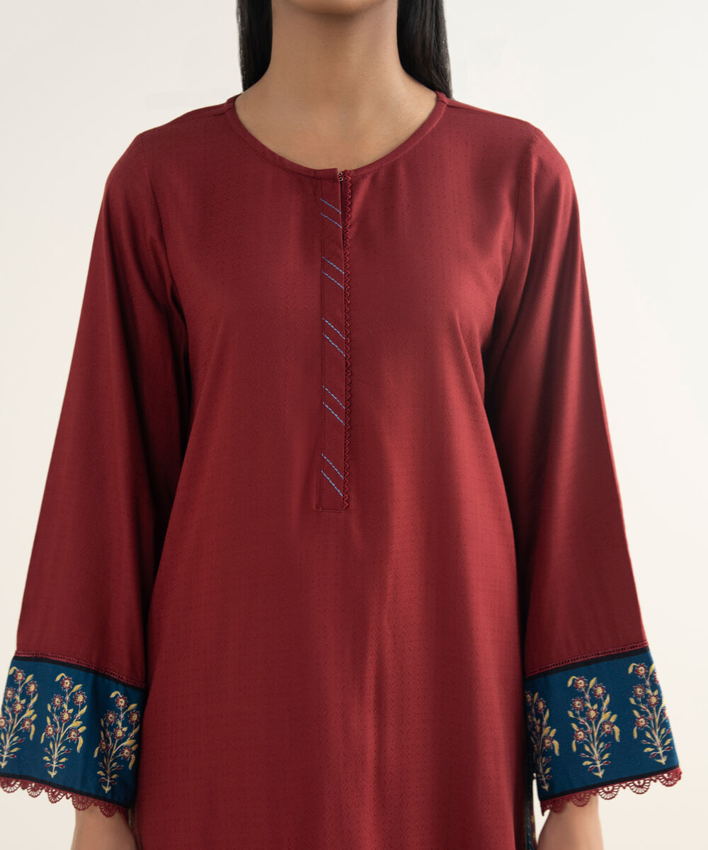Women's RTW Textured Viscose Solid Maroon Straight Shirt
