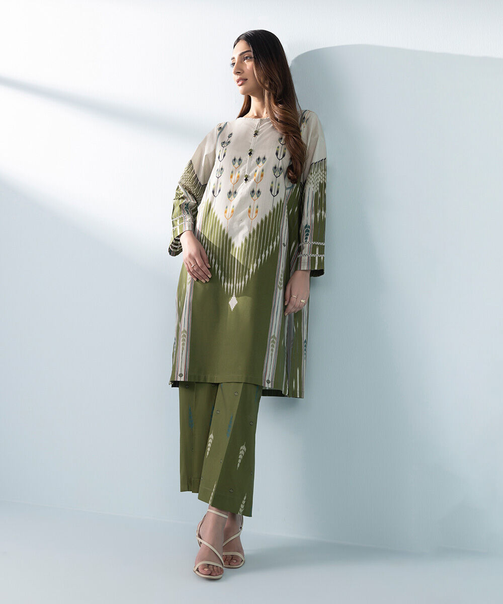 Woman - Green 2 Piece - Printed Cambric Suit
