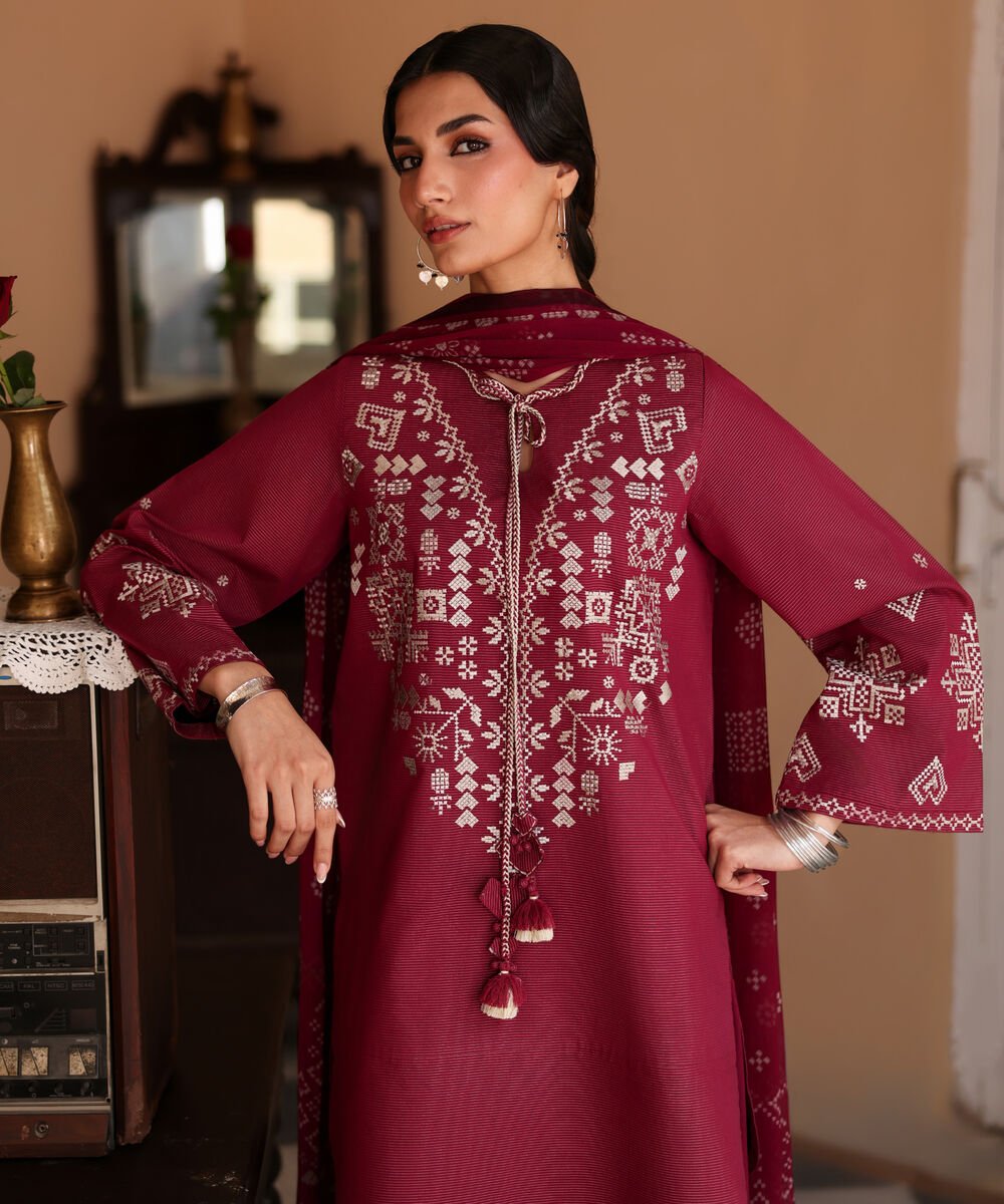 Women's Unstitched Zari Lawn Embroidered Pink 3 Piece Suit