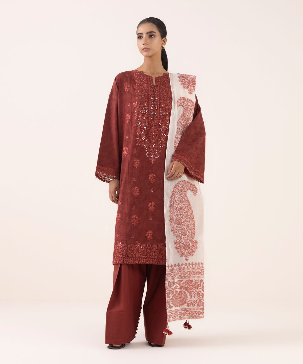 Women's Unstitched Jacquard Embroidered Maroon Three Piece Suit