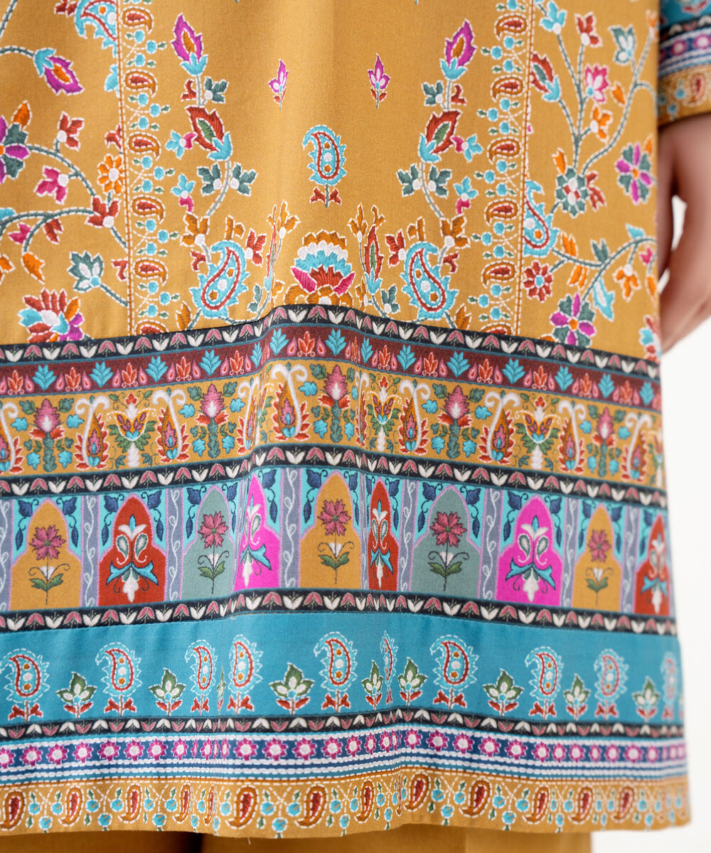 Women's Unstitched Cotton Viscose Printed Orange 3 Piece Suit