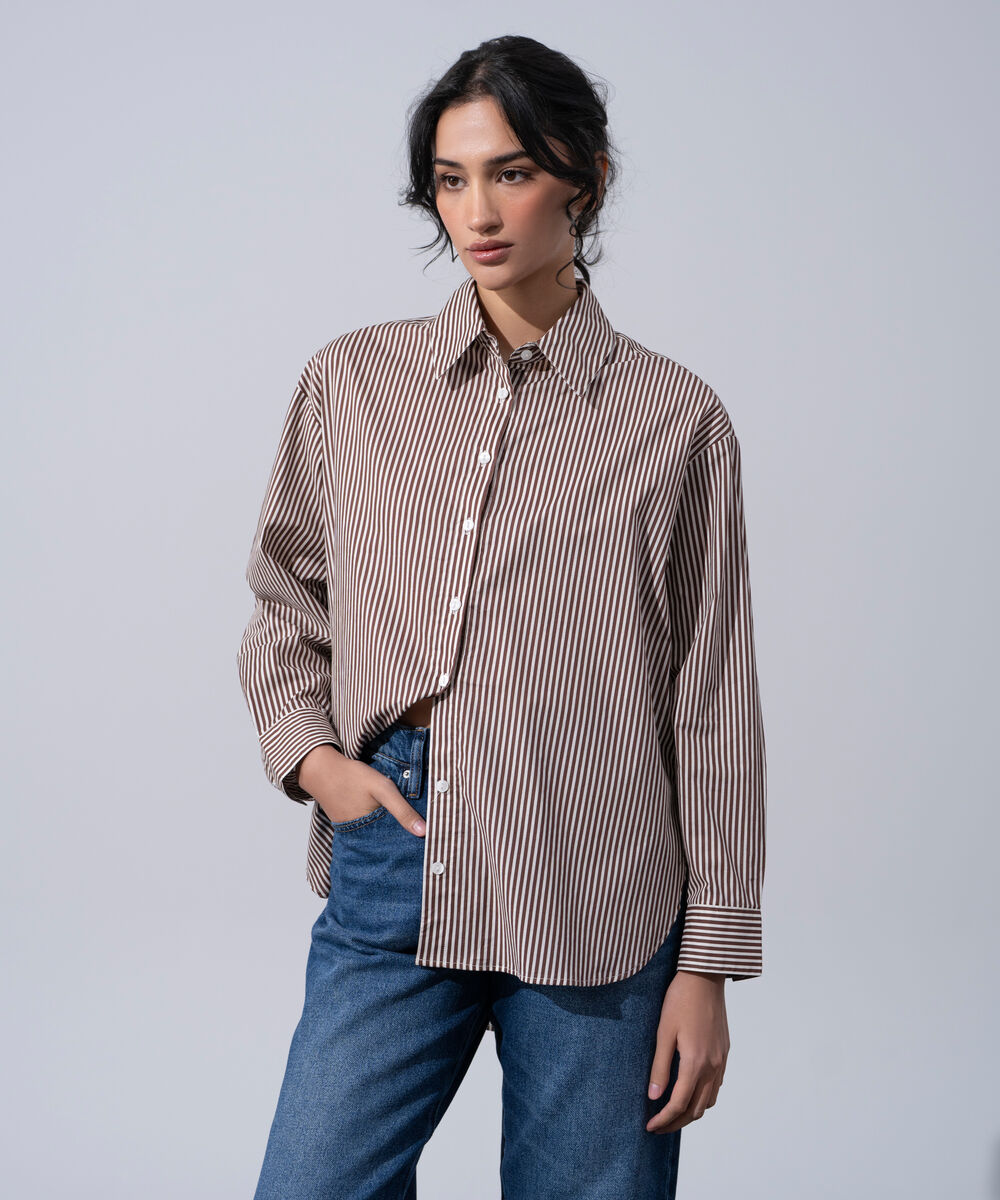 Women's Western Wear Brown And White Cotton Striped Button-Up Shirt