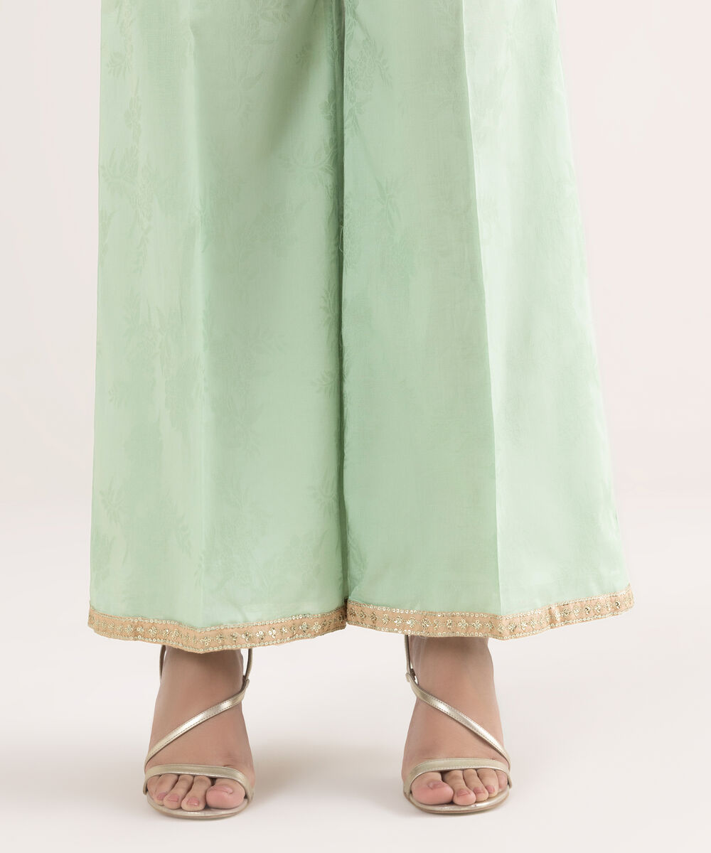 Women's RTW Self Jacquard Leno Embroidered Mint Green Flared Pants