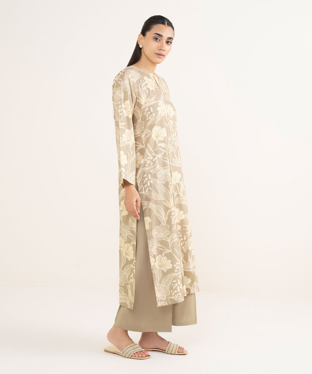 Women's RTW Viscose Lawn Beige Printed Straight Shirt