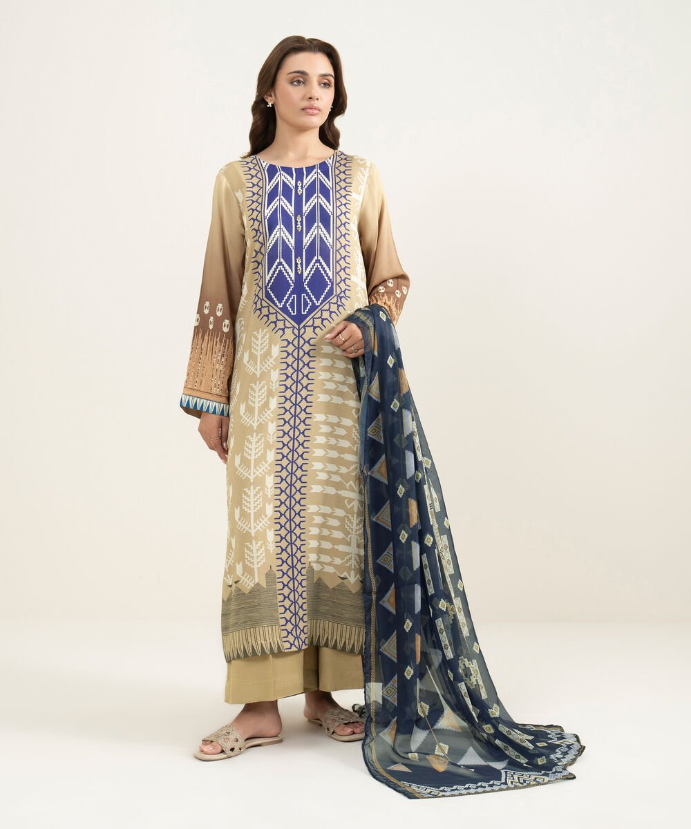 Women's RTW Viscose Raw Silk Printed Beige 3 Piece Suit