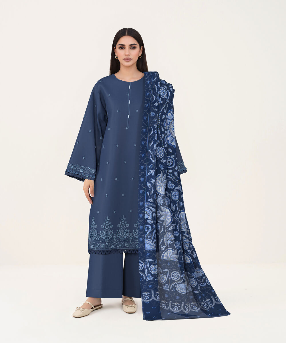 Women's Unstitched Lawn Blue Embroidered 3 Piece Suit