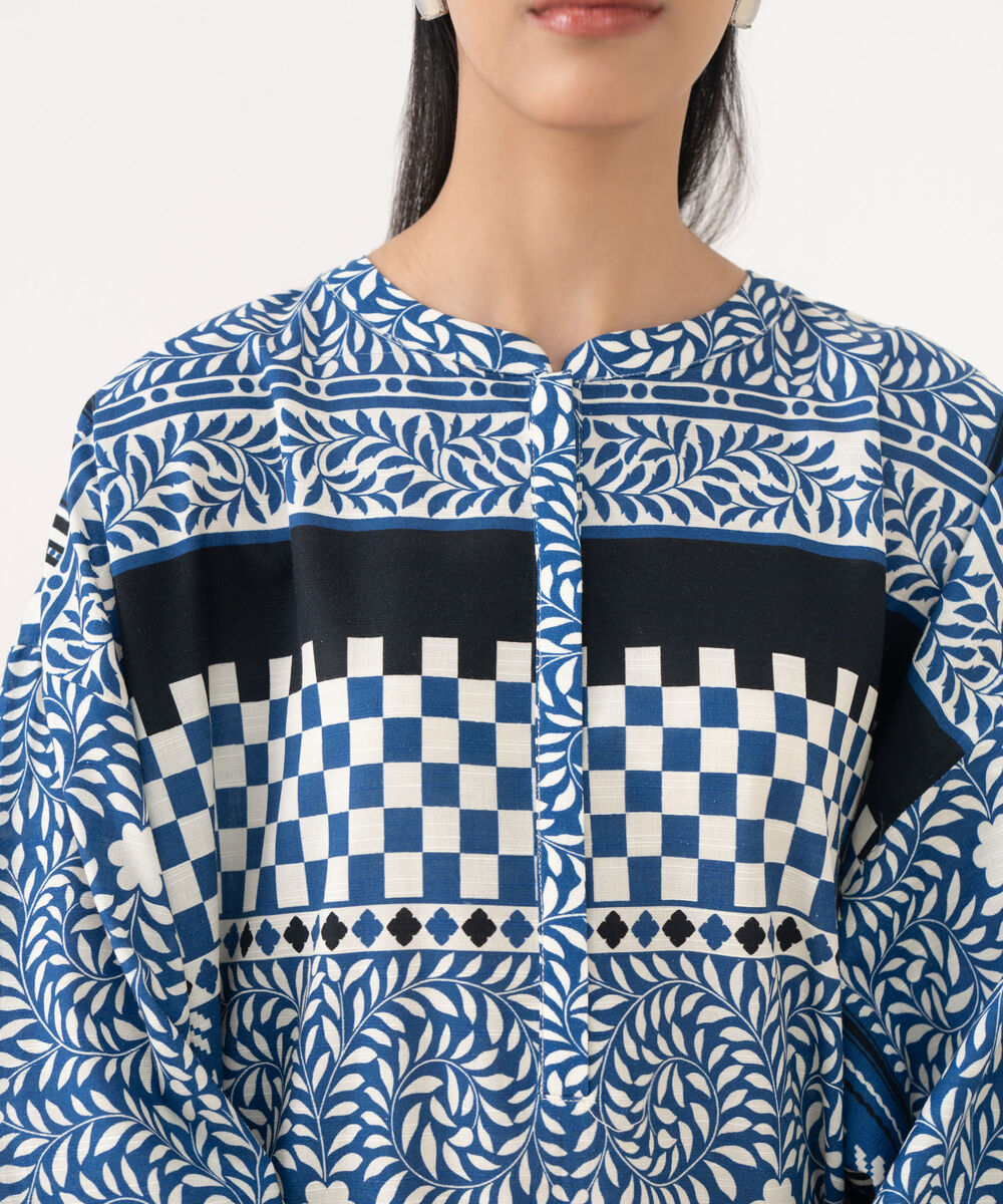 Women's RTW Light Khaddar Blue Printed Drop Shoulder Shirt