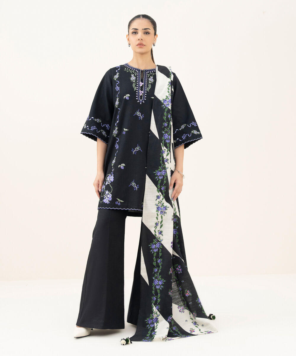 Women's Unstitched Embroidered Khaddar Black 3 Piece Suit