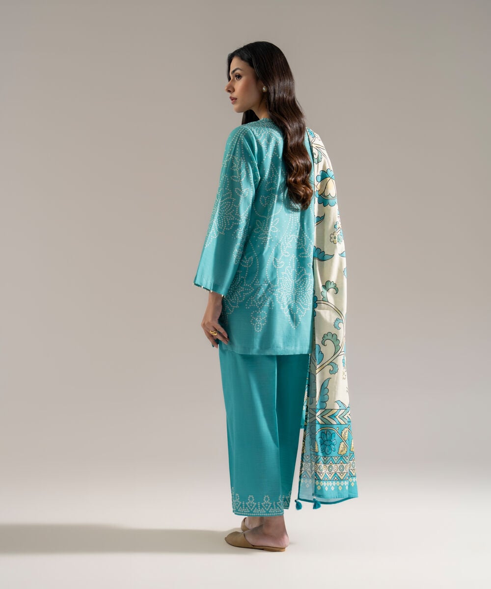 Women's RTW Khaddar Printed Blue 3 Piece Suit