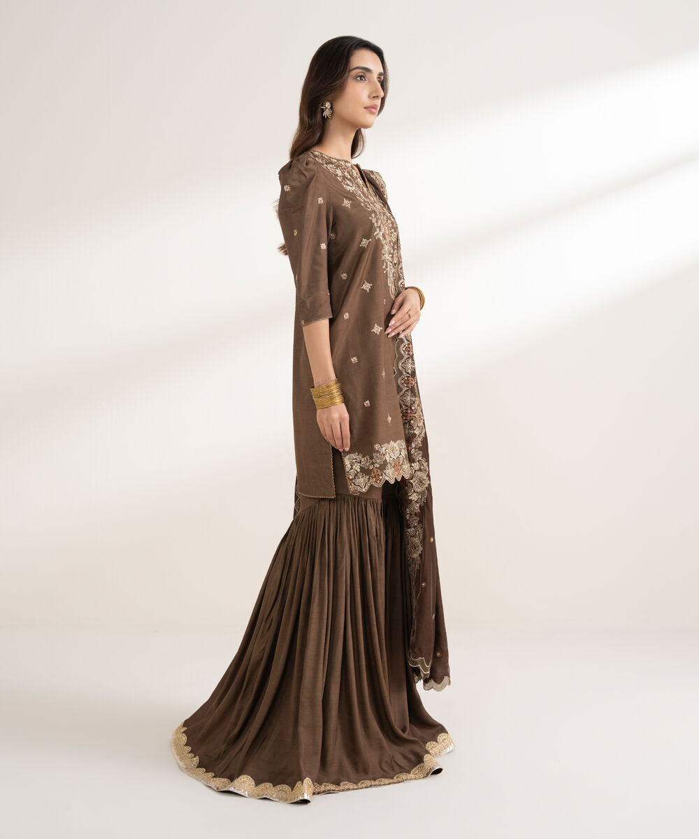 Women's Unstitched Embroidered Viscose Raw Silk Brown 3 Piece Suit