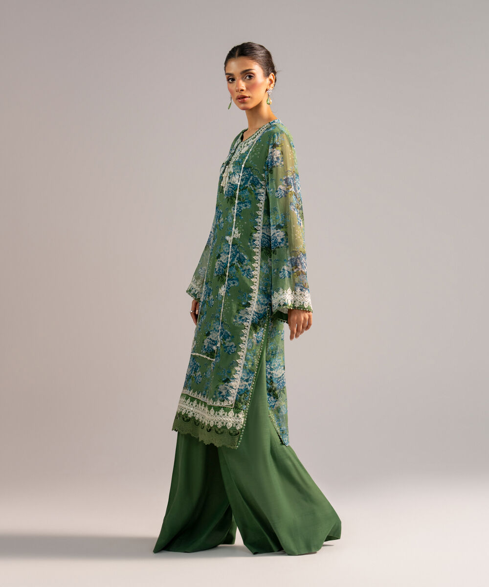 Women's RTW Chiffon Embroidered Green 2 Piece Suit
