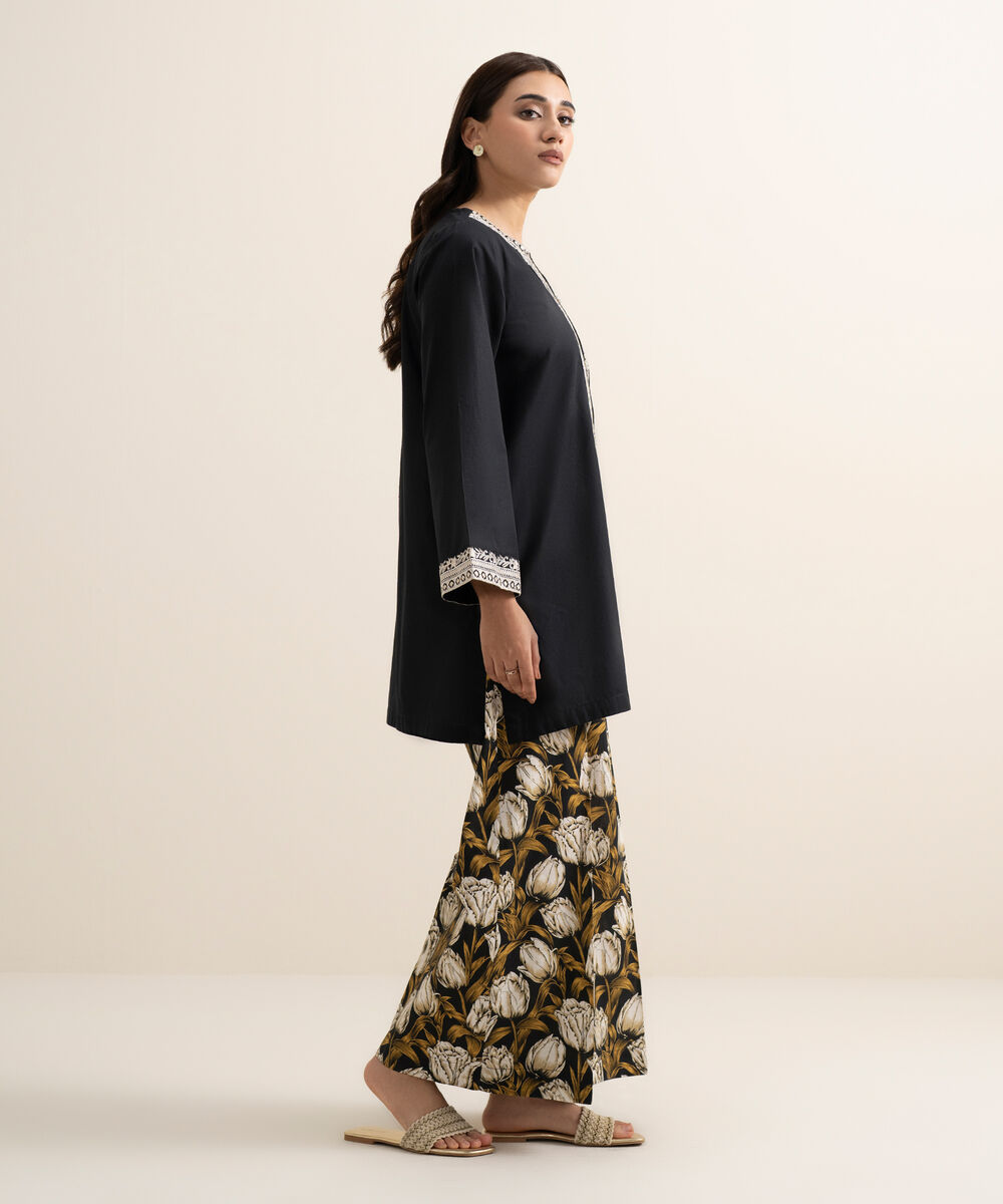 Women's RTW Cambric Embroidered Black Straight Shirt