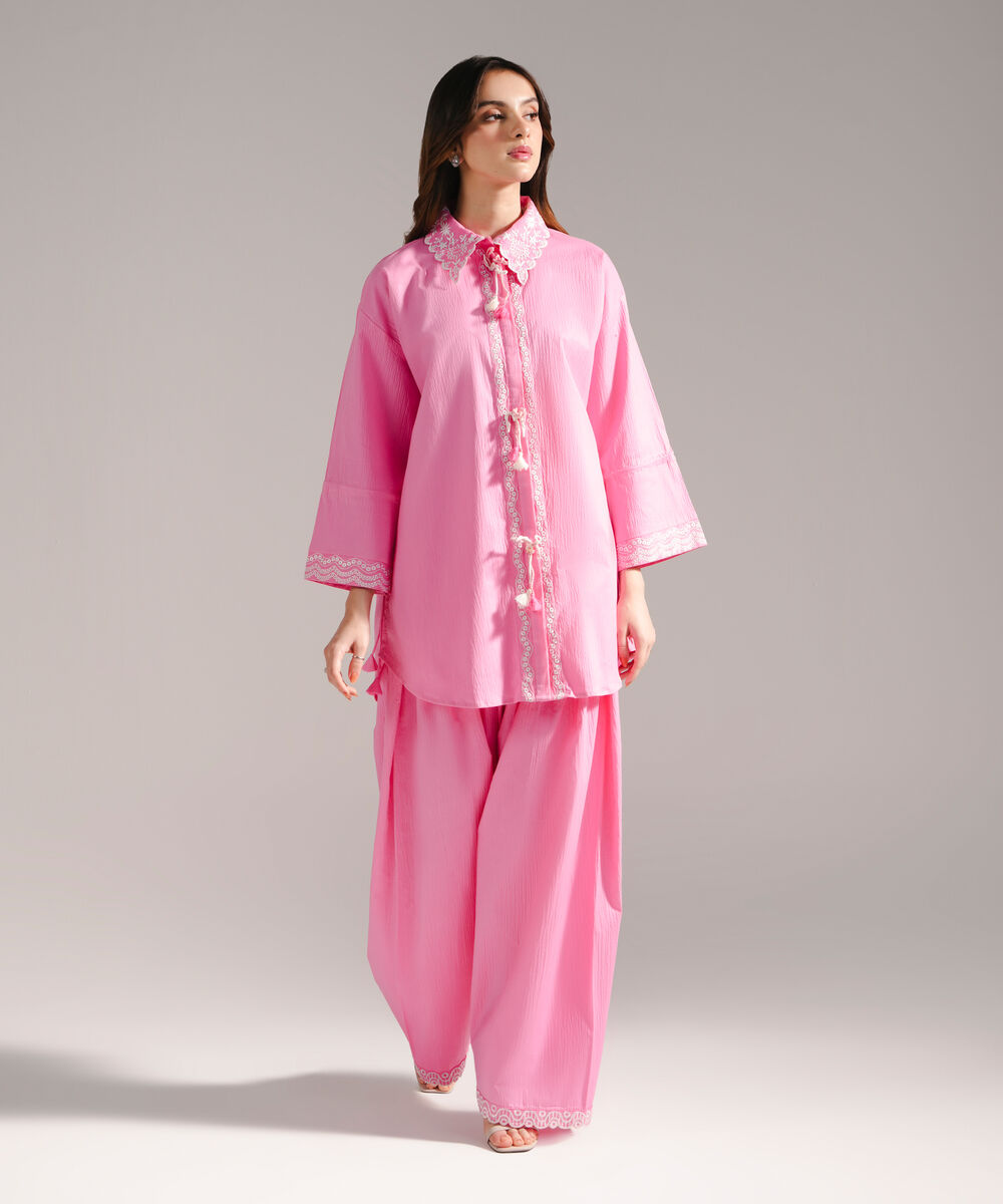 Women's RTW Seersucker Embroidered Straight Pink Shirt