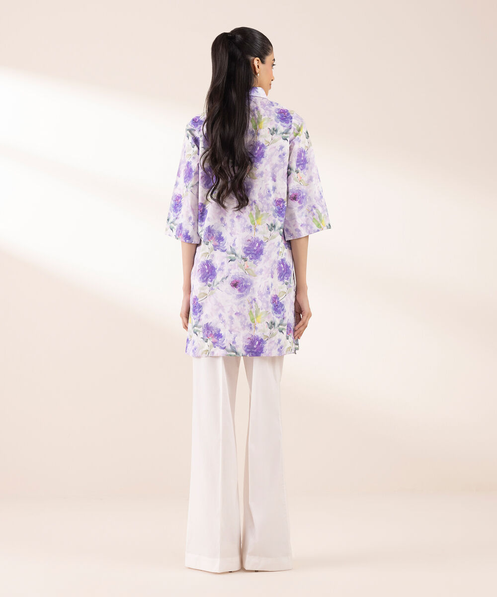 Women's RTW Lycra Purple Printed Button Down Shirt