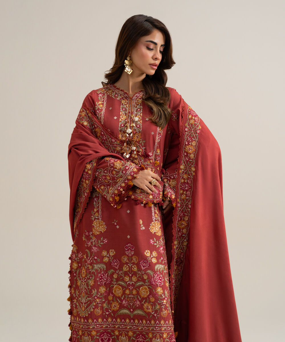 Womens Unstitched Cotton Twill Embroidered Rust 3 Piece Suit