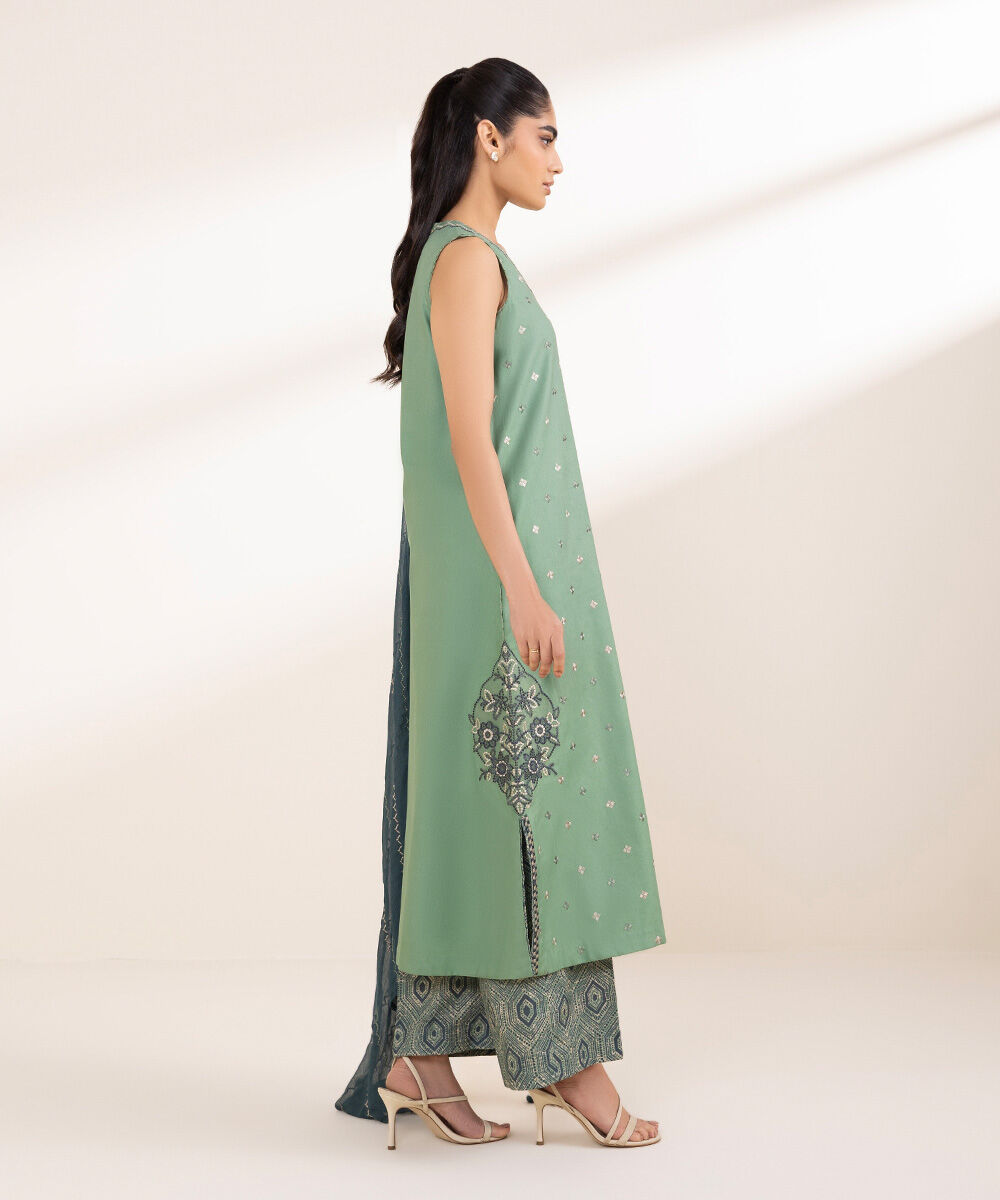 Unstitched Women's Embroidered Fine Cotton Satin Green Three Piece Suit