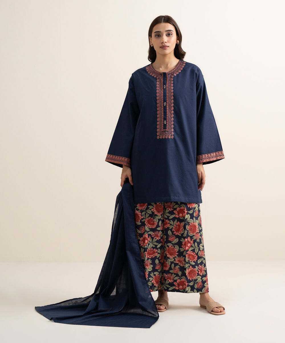 Women's RTW Cambric Embroidered Blue Drop Shoulder Shirt