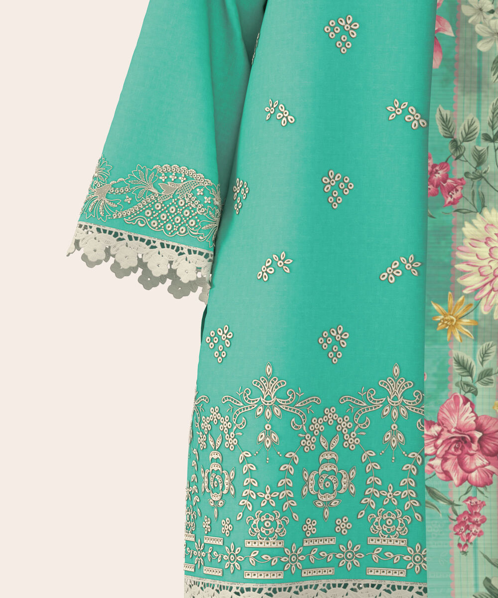 Women's Unstitched Self Jacquard Sea Green  Embroidered 3 Piece Suit