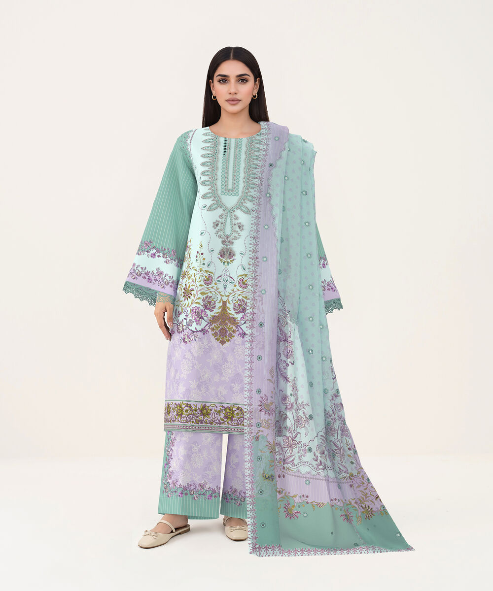 Women's Unstitched Lawn Sea Green and Lilac  Embroidered 3 Piece Suit