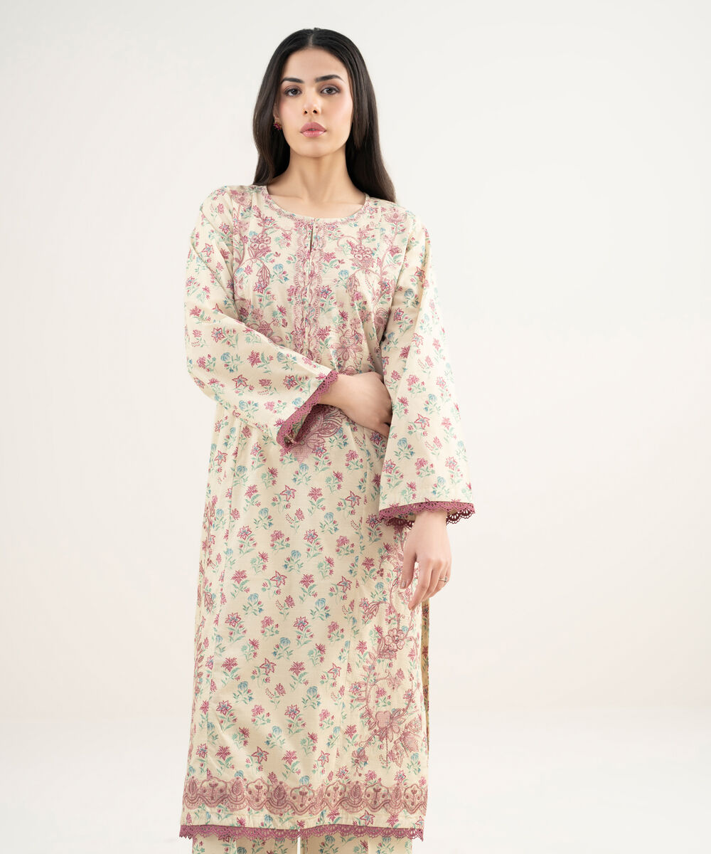 Women's RTW Slub Lawn Embroidered Off White A-Line Shirt