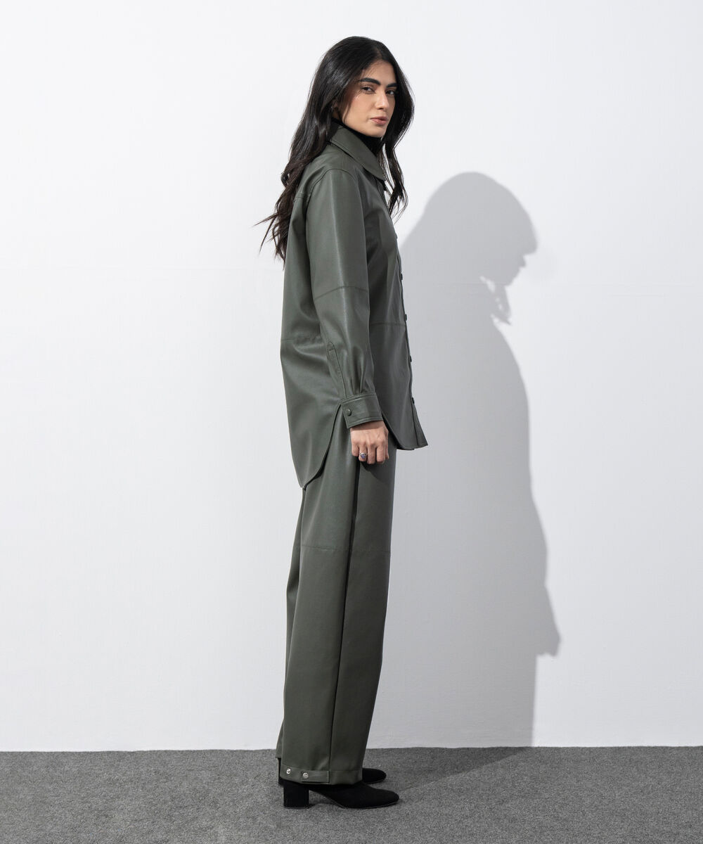 Women's Western Wear Olive Green Loose-Fit Faux Leather Shirt